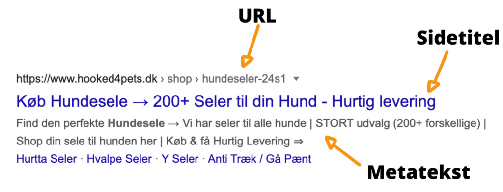 Billedet illustrerer et indlæg på google, hvor søgeordet er brugt i både URL'en, sidetitlen og metateksten.